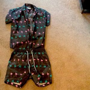 Party Pants USA matching “Flammy” short sleeve button down and swim trunks